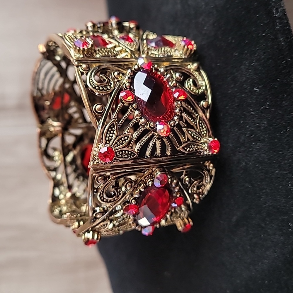 Victorian Revival Gold Tone Cuff Bracelet | Red Rhinestone Statement | Filigree - Picture 2 of 7